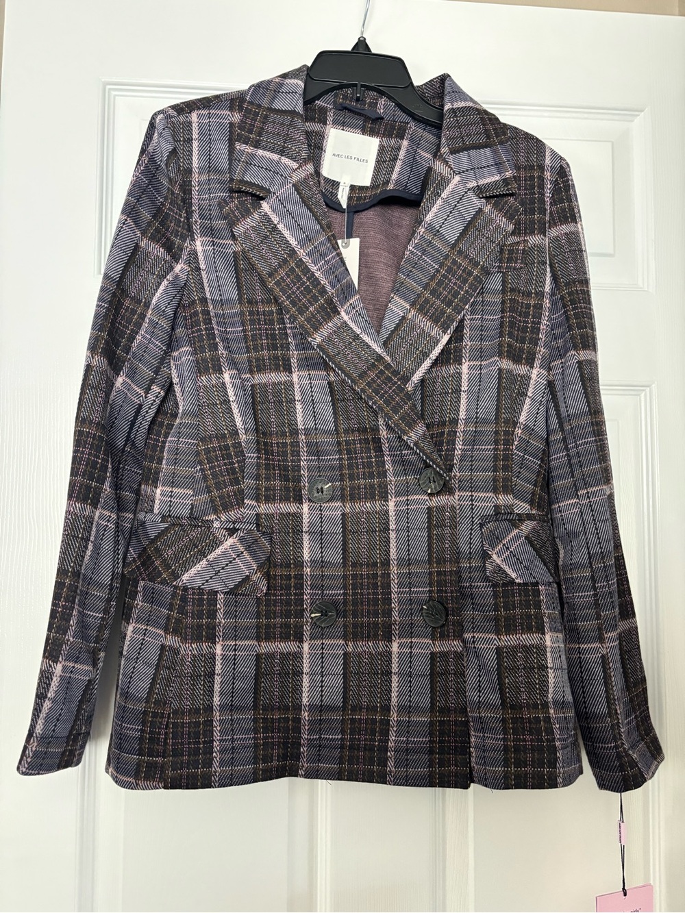 Avec Les Filles Lavender and Charcoal Plaid Double-Breasted Blazer